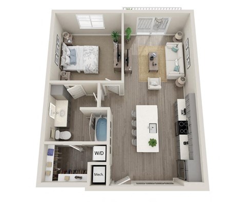 Floor plan for 1 bed, 1 bath, 758 sqft
